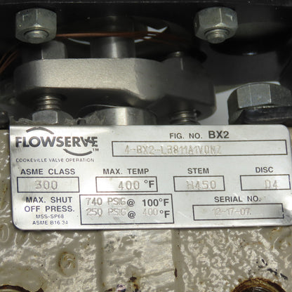 Flowserve 4-BX2-L3811A1V0NZ BX2 4" Butterfly Valve ASME 300 Stem H450 Disk D4