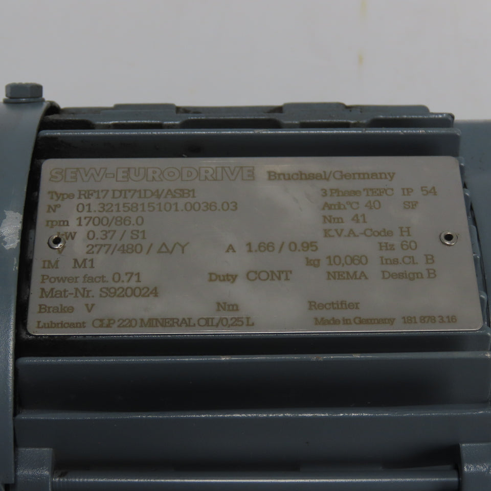 Sew Eurodrive RF17D171DVASB1 0.37KW Gear Motor 3Ph 277/480V 1700RPM
