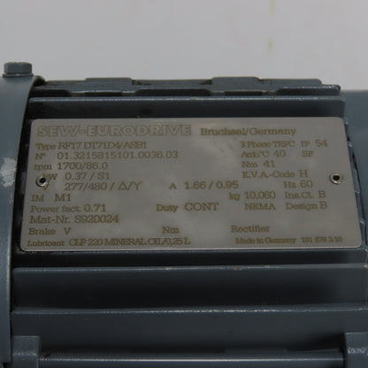 Sew Eurodrive RF17D171DVASB1 0.37KW Gear Motor 3Ph 277/480V 1700RPM