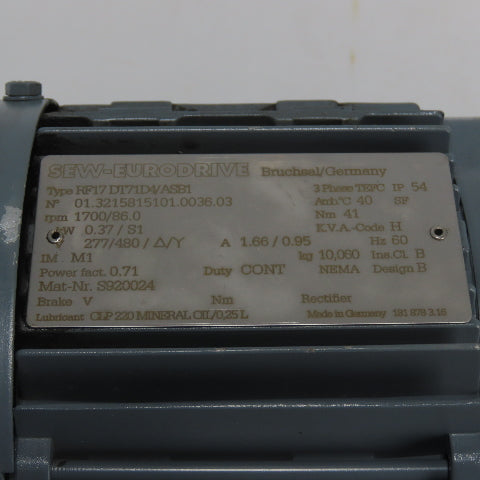 Sew Eurodrive RF17D171DVASB1 0.37KW Gear Motor 3Ph 277/480V 1700RPM