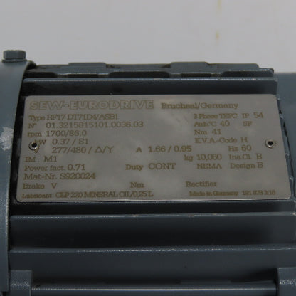 Sew Eurodrive RF17D171DVASB1 0.37KW Gear Motor 3Ph 277/480V 1700RPM