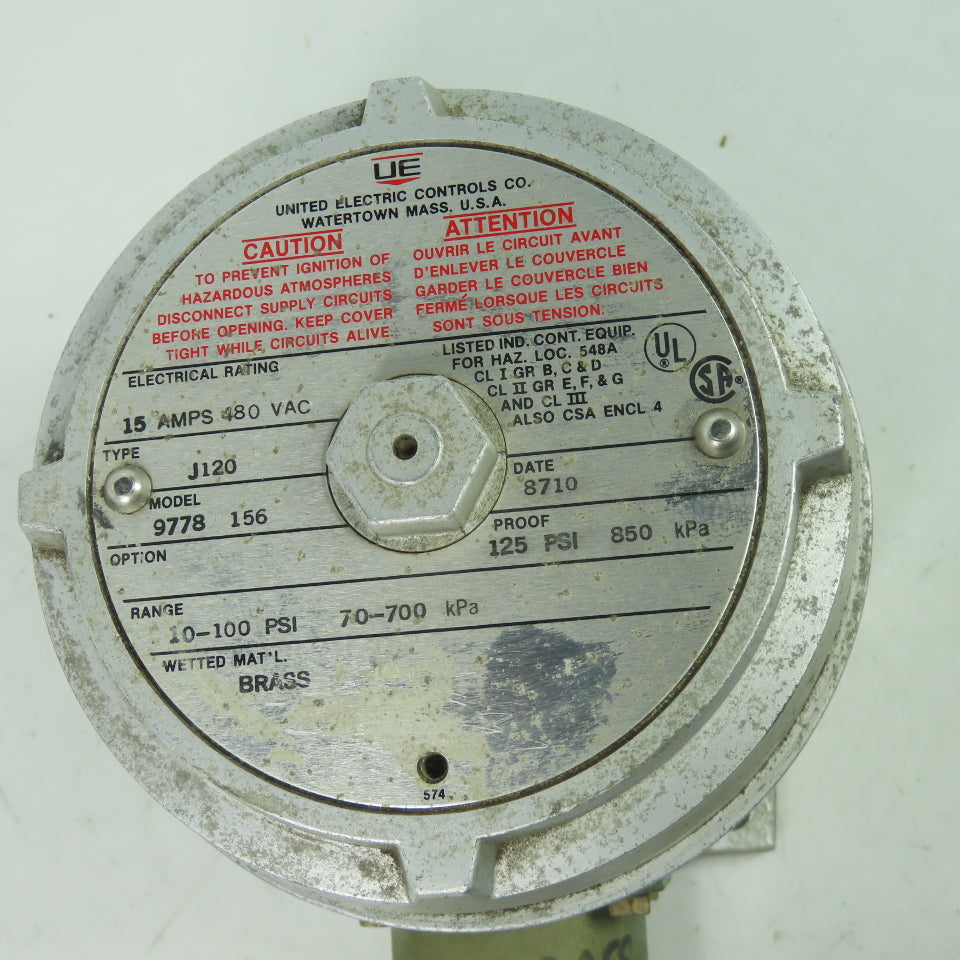 United Electric Controls J120 Model 9778 156 Pressure Switch 15A 480VAC 100PSI