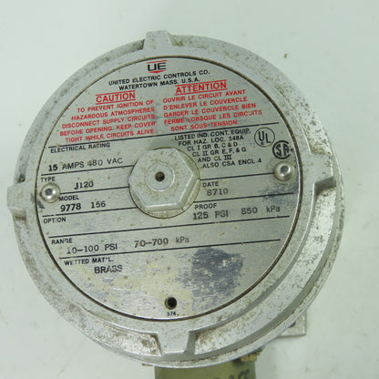 United Electric Controls J120 Model 9778 156 Pressure Switch 15A 480VAC 100PSI