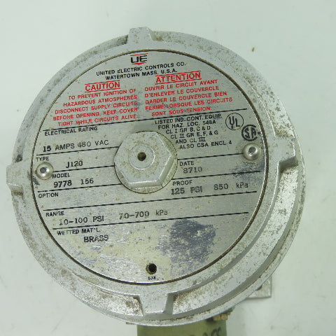 United Electric Controls J120 Model 9778 156 Pressure Switch 15A 480VAC 100PSI