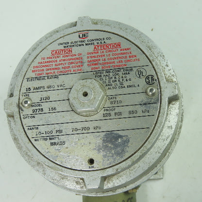 United Electric Controls J120 Model 9778 156 Pressure Switch 15A 480VAC 100PSI