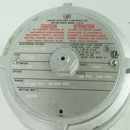 United Electric Controls J120 Model 9778 156 Pressure Switch 15A 480VAC 100PSI