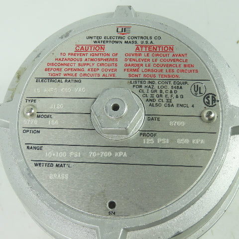 United Electric Controls J120 Model 9778 156 Pressure Switch 15A 480VAC 100PSI