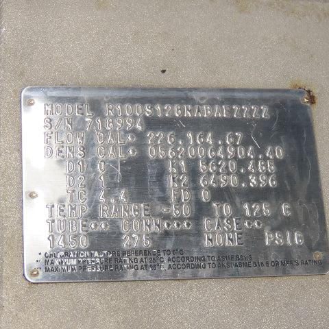 Micro Motion R100S128NABAEZZZZ Mass Flow Sensor 1450PSIG Tube -50 to 125°C