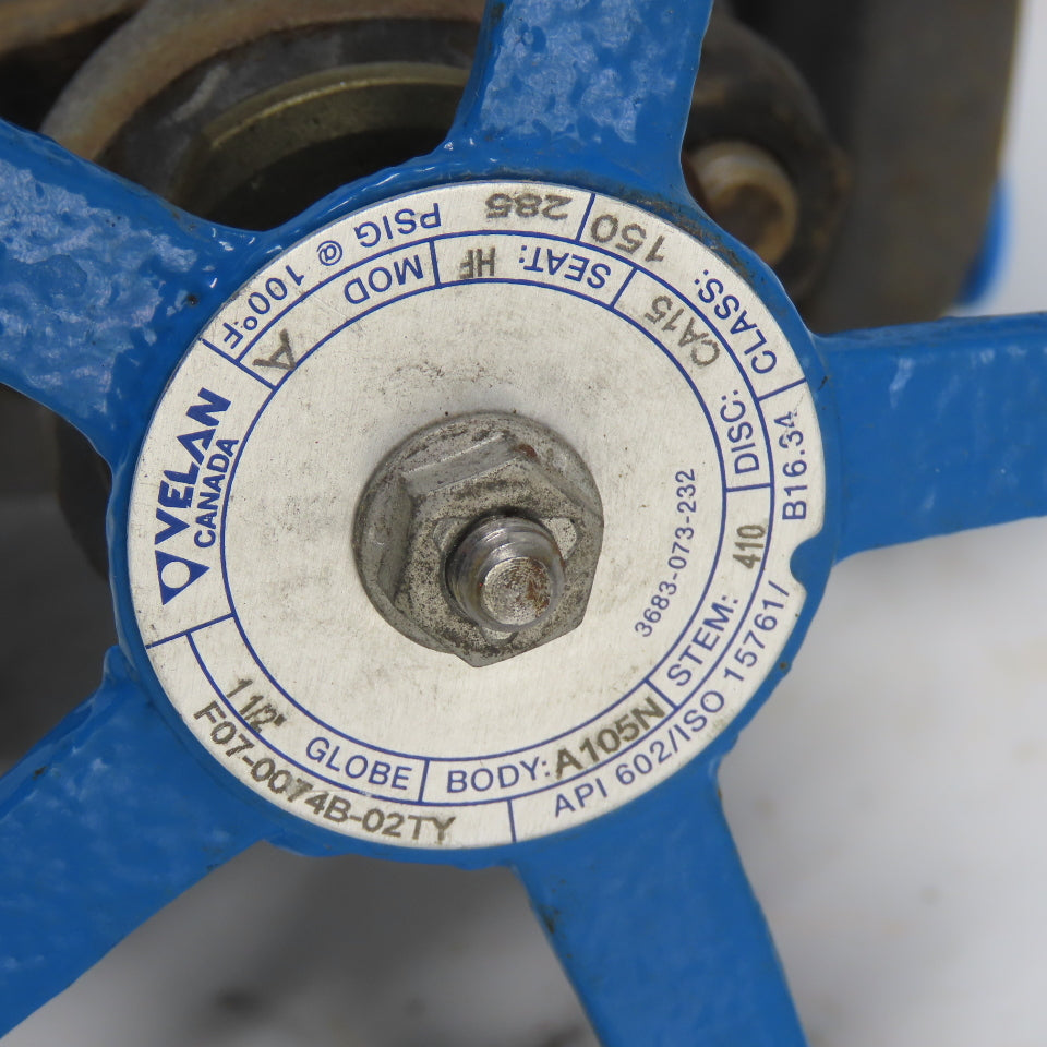 Velan F07-1054B-02TY 1-1/2" Globe Valve A105N 285PSIG Class 150 Seat HF