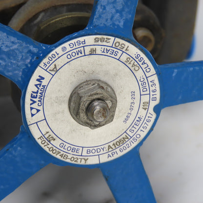 Velan F07-1054B-02TY 1-1/2" Globe Valve A105N 285PSIG Class 150 Seat HF