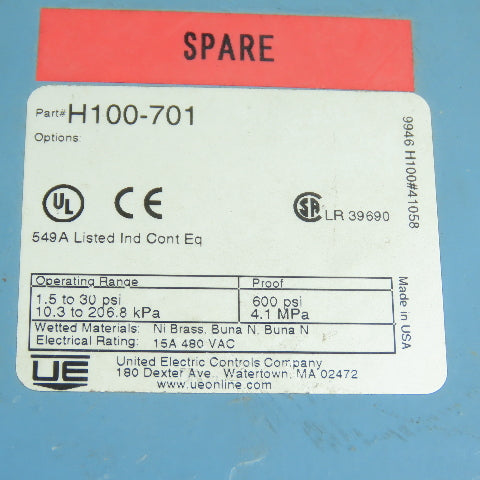 United Electric H100-701 Pressure Switch 1.5-30 PSI 15A 480VAC USA Made