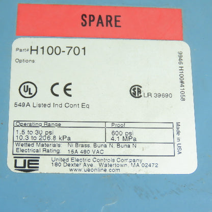United Electric H100-701 Pressure Switch 1.5-30 PSI 15A 480VAC USA Made