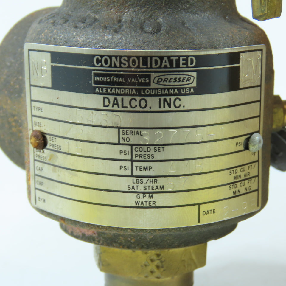 Consolidated Dalco Dresser 1543D Safety Relief Valve 1/2" 15 PSI Set