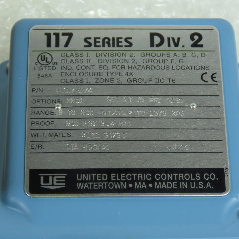United Electric H117-174 117 Series Pressure Switch 8-200 PSI NEW