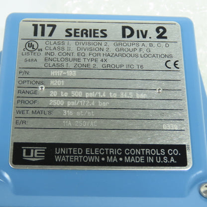 United Electric H117-193 117 Series Pressure Switch 20-500PSI NEW