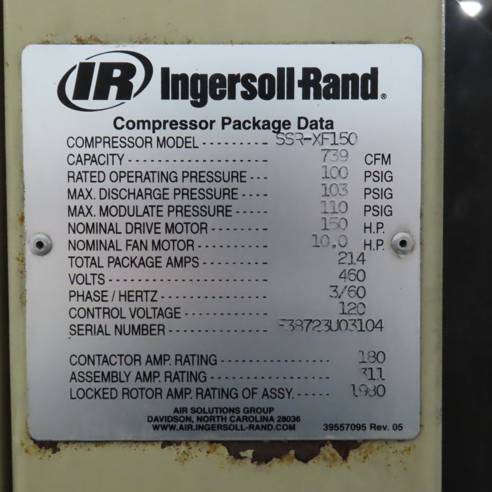 Ingersoll Rand SSR-XF150 Rotary Screw Air Compressor 150HP 460V 739CFM 103PSIG