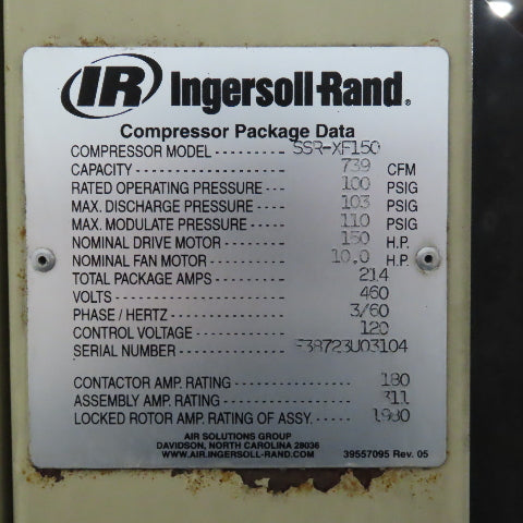 Ingersoll Rand SSR-XF150 Rotary Screw Air Compressor 150HP 460V 739CFM 103PSIG