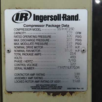 Ingersoll Rand SSR-XF150 Rotary Screw Air Compressor 150HP 460V 739CFM 103PSIG