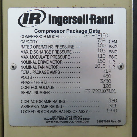 Ingersoll Rand SSR-XF150 Rotary Screw Air Compressor 150HP 460V 739CFM 103PSIG