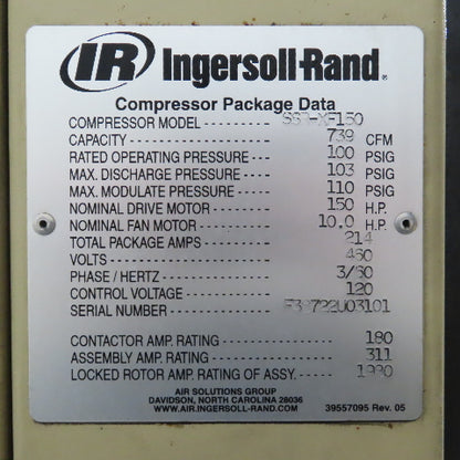 Ingersoll Rand SSR-XF150 Rotary Screw Air Compressor 150HP 460V 739CFM 103PSIG