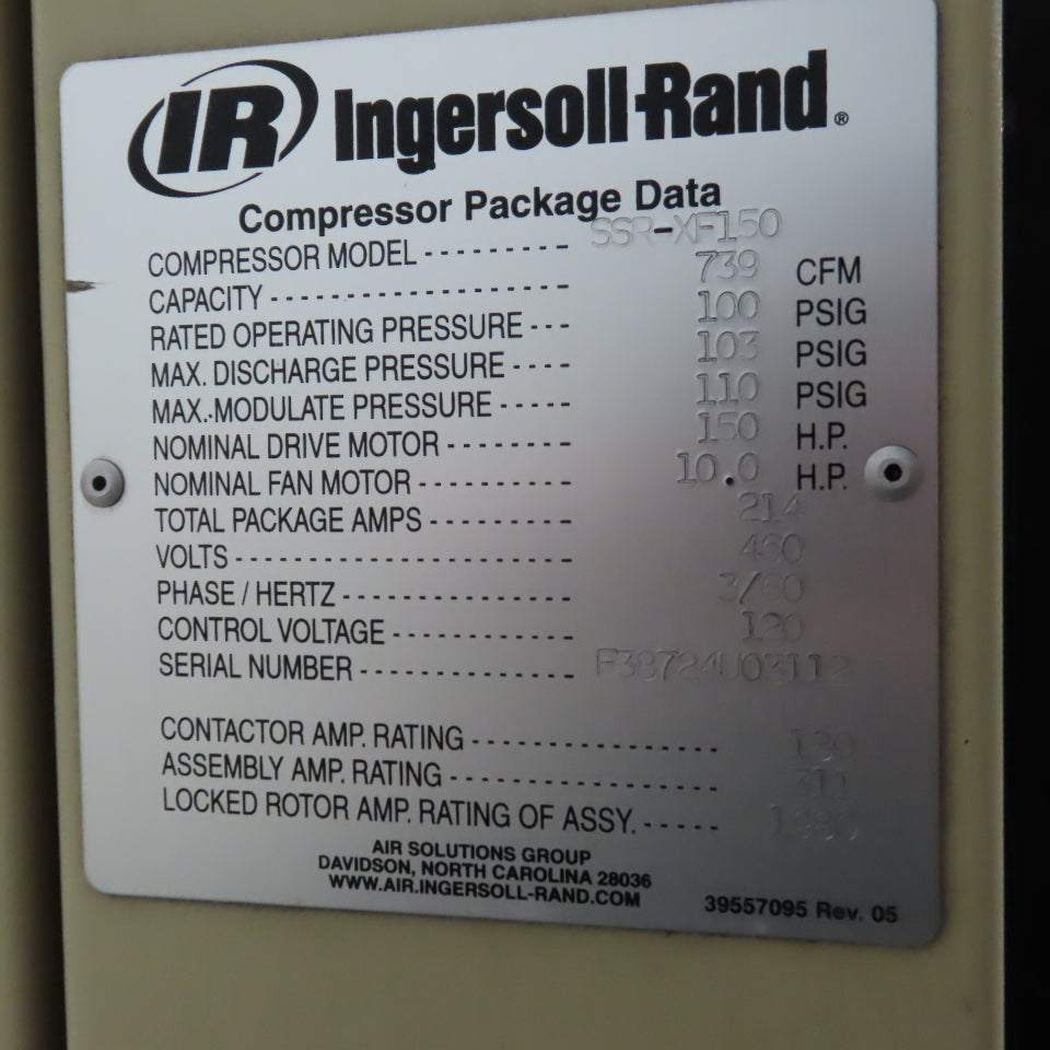 Ingersoll Rand SSR-XF150 Rotary Screw Air Compressor 150HP 460V 739CFM 103PSIG