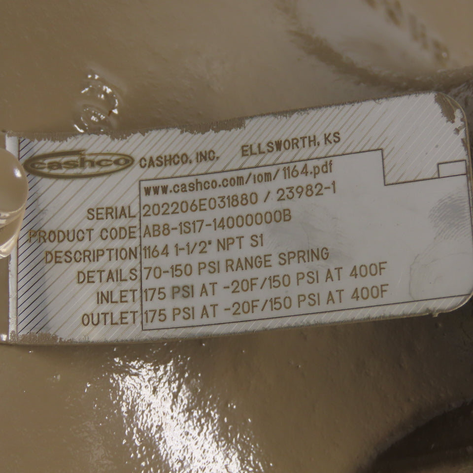 Cashco AB8-1S17-14000000B 1164-1-1/2" NPT Back Pressure Relief Regulator 150PSI
