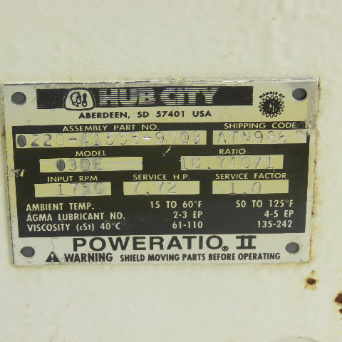 Hub City 220-41555-9003 Model 3DE 16.740:1 Ratio Inline Gear Reducer 7.72HP In