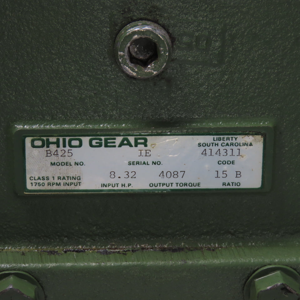 Ohio Gear B425 15:1 Ratio Gear Reducer 116.66RPM Output 8.32HP Input