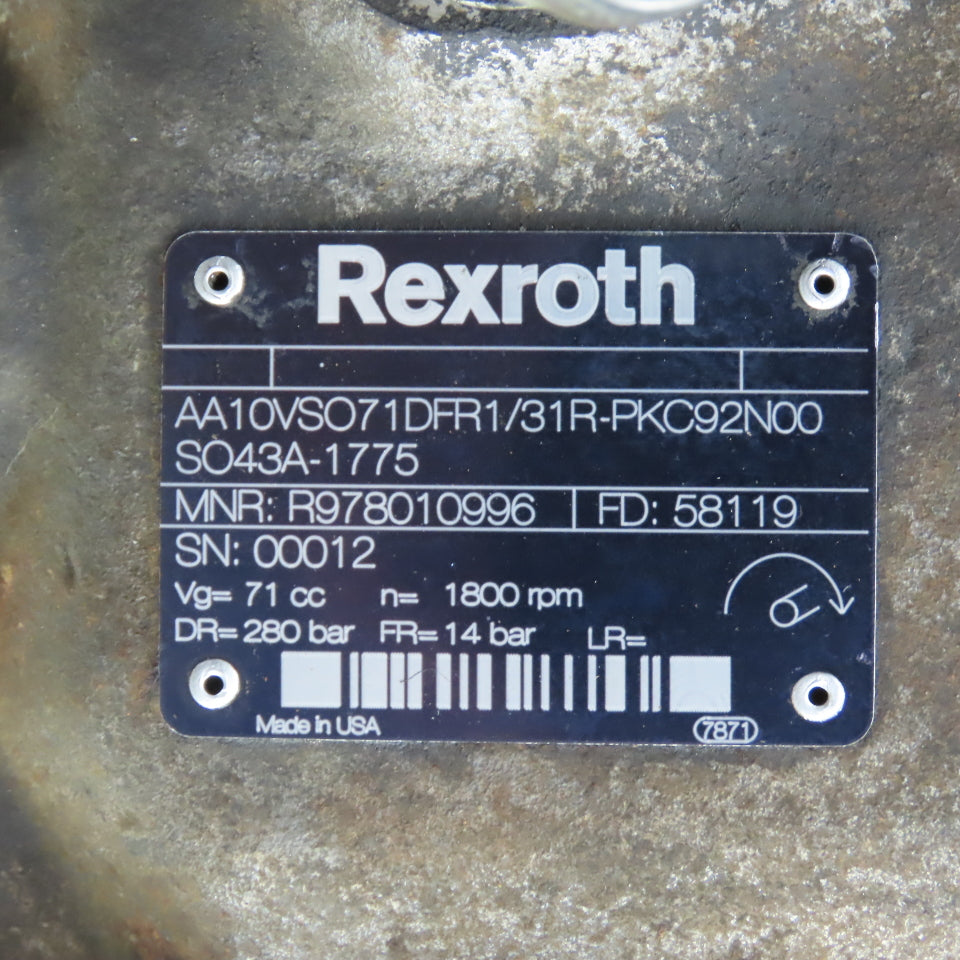 Rexroth AA10VSO71DFR1/31R 10HP Hydraulic Pump Unit 280 Bar Vg=71cc 0811405144
