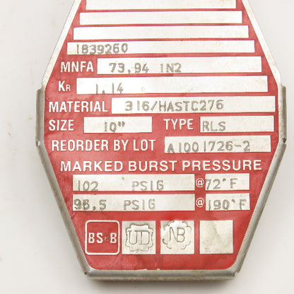 BS&B Safety Systems RLS 10" Reverse Buckling Rupture Disk 316/Hastelloy 102PSI
