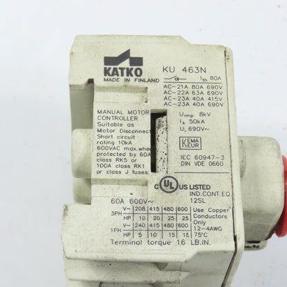 Katko KU 463N 63A Manual Motor Control Switch Disconnect 25HP 600V 4-Pole