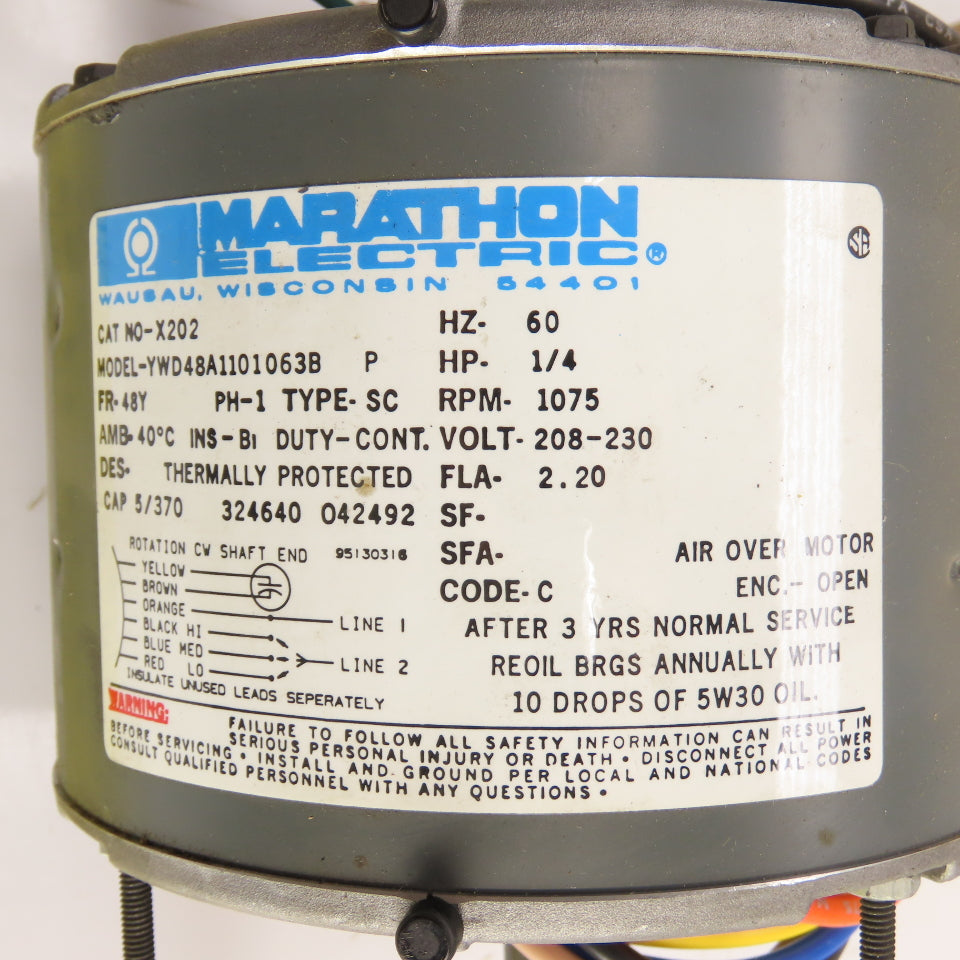 Marathon X202 YWD48A1101063B 1/4HP Electric Motor 1075RPM 208-230V 1PH 48Y Fr.