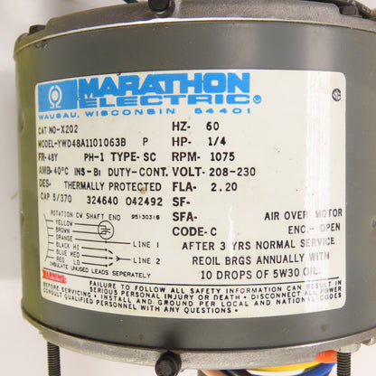 Marathon X202 YWD48A1101063B 1/4HP Electric Motor 1075RPM 208-230V 1PH 48Y Fr.