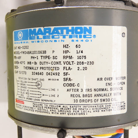Marathon X202 YWD48A1101063B 1/4HP Electric Motor 1075RPM 208-230V 1PH 48Y Fr.
