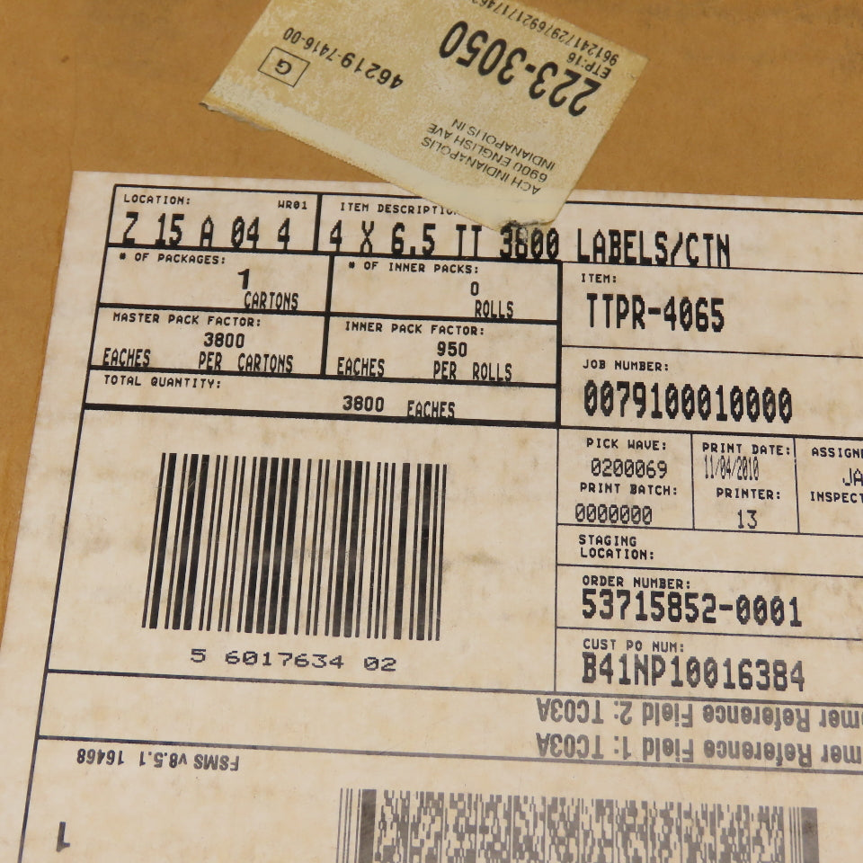 TTPR-4065 4" x 6.5" Thermal Transfer Labels Peel-N-Stick Lot Of 4 Rolls 3800 Ct