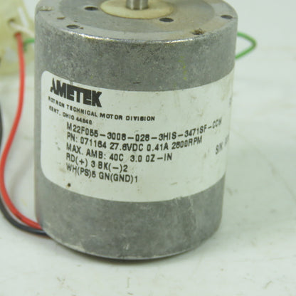 Ametek M22F055-3008-028-3HIS-3471SF-CCW Electric Motor 27.6VDC 0.41A 2800RPM