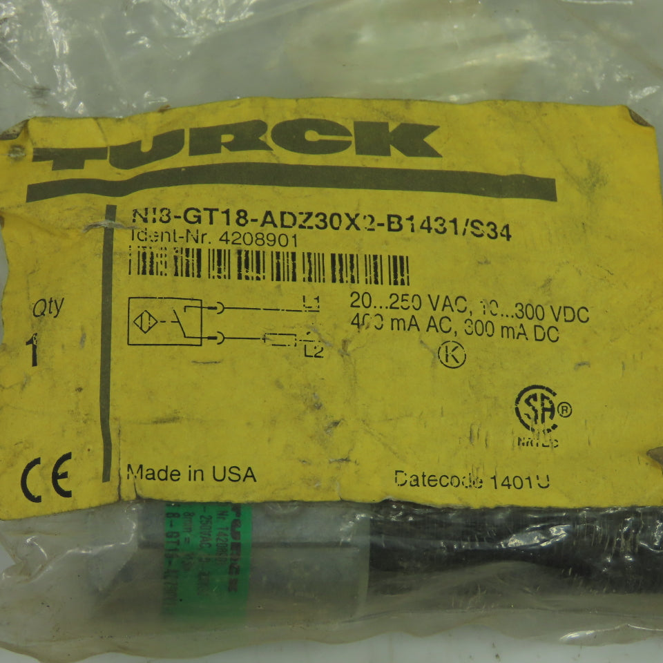 Turck NI8-GT18-ADZ30X2-B1431/S34 Inductive Proximity Sensor 20-250VAC 10-300VDC
