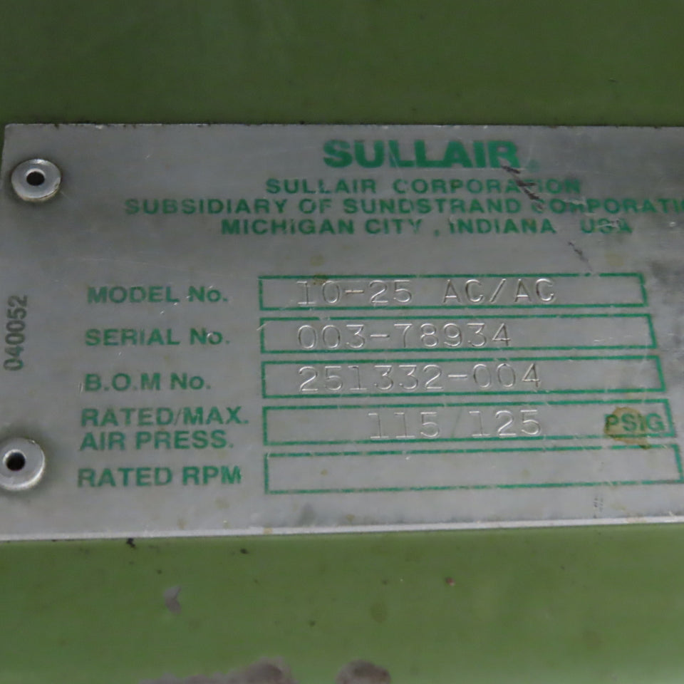 Sullair 10-25 AC/AC 120 Gal Rotary Screw Air Compressor 3PH 25HP 115PSI 230/460V