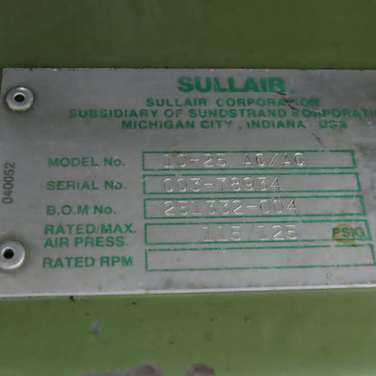 Sullair 10-25 AC/AC 120 Gal Rotary Screw Air Compressor 3PH 25HP 115PSI 230/460V