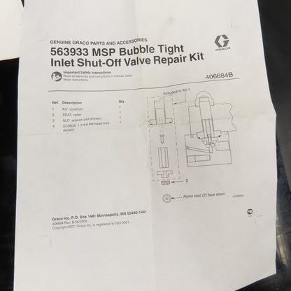 Graco V560S094 563933 MSP Bubble Tight Inlet Shut Off Valve Repair Kit