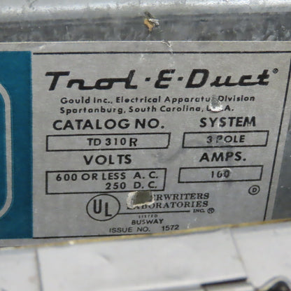 Gould TD310R Trol-E-Duct 190' Copper Busway 100A 3-Phase 3W 600VAC (19 Sections)