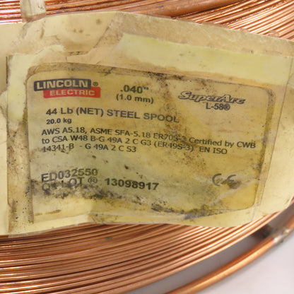 Lincoln Electric SuperArc L-58 .040" (1.0mm) 44LB Steel Spool AWS A5.18 ASME