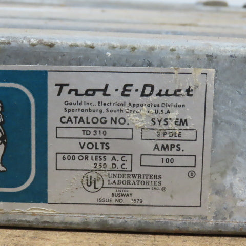 Gould TR310 Trol-E-Duct 100' Copper Busway 100A 3-Phase 3W 600VAC (10 Sections)