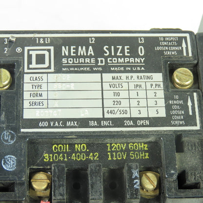 Square D 8502 S30-2 Size 0 Contactor 600VAC 5HP 120V Coil