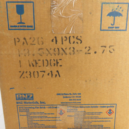 BNZ PA-26 No. 1 Wedge Insulating Fire Brick 2600° 13.5 x 9 x 3-2.75" Box Of 4