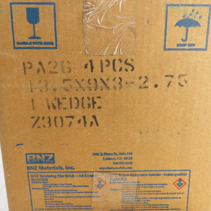 BNZ PA-26 No. 1 Wedge Insulating Fire Brick 2600° 13.5 x 9 x 3-2.75" Box Of 4
