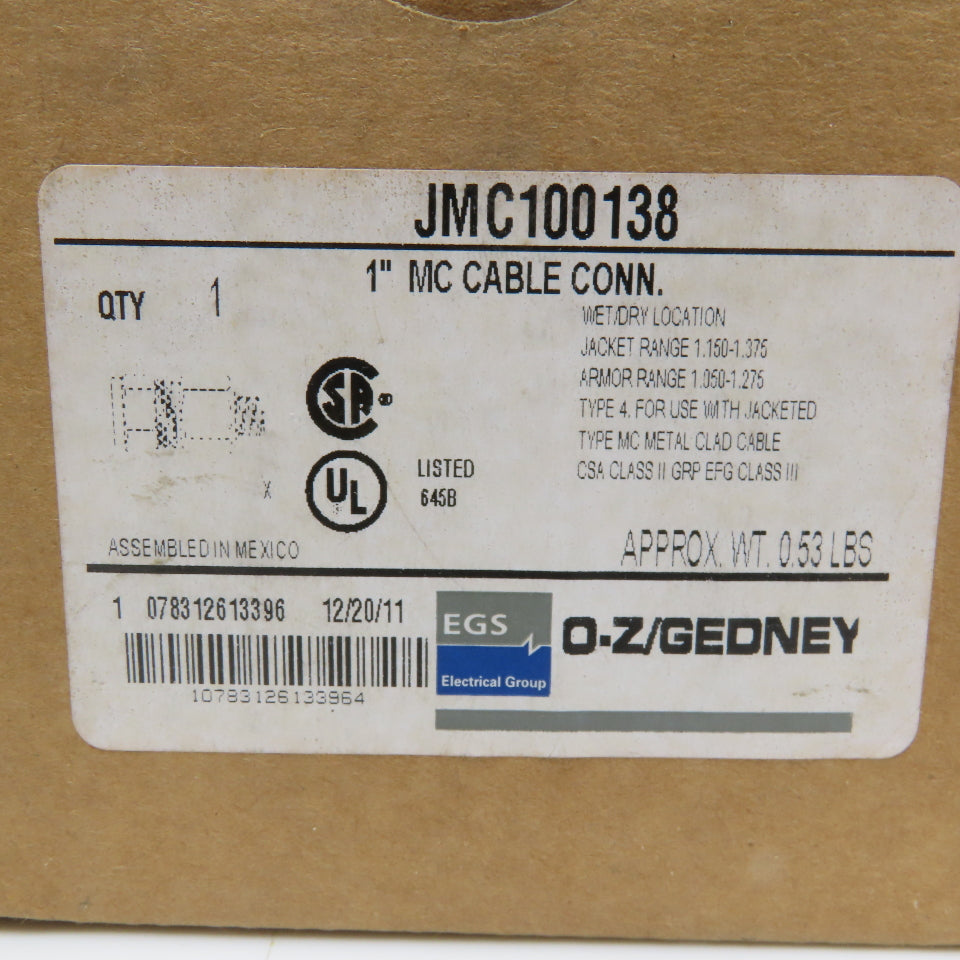 O-Z Gedney JMC100138 1" Metal Clad Cable Connector