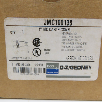 O-Z Gedney JMC100138 1" Metal Clad Cable Connector