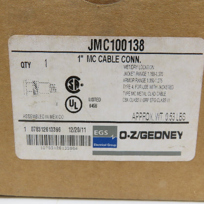 O-Z Gedney JMC100138 1" Metal Clad Cable Connector
