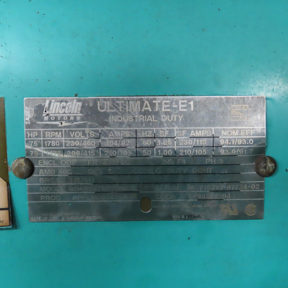 Sulivan 75UDGJ 75HP Rotary Screw Air Compressor 230/460V 3PH 125PSI 23,274HR